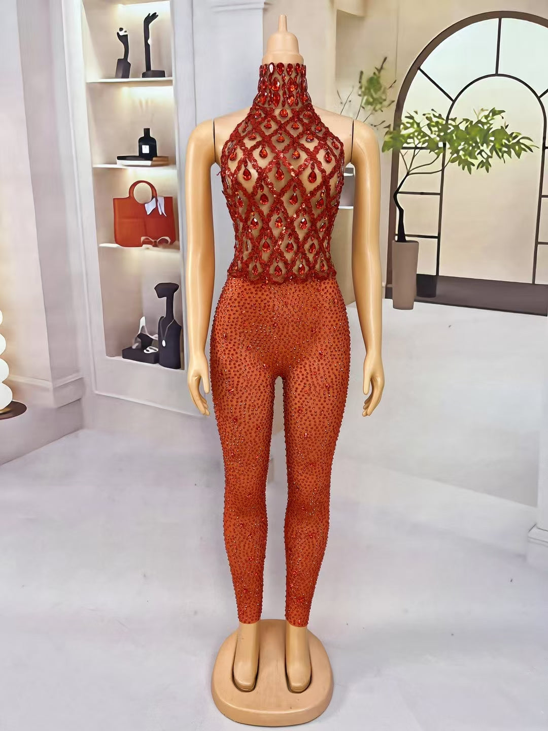 CELESINYI Shaokaoji Crystal Gem Crop Pants Set (Red)