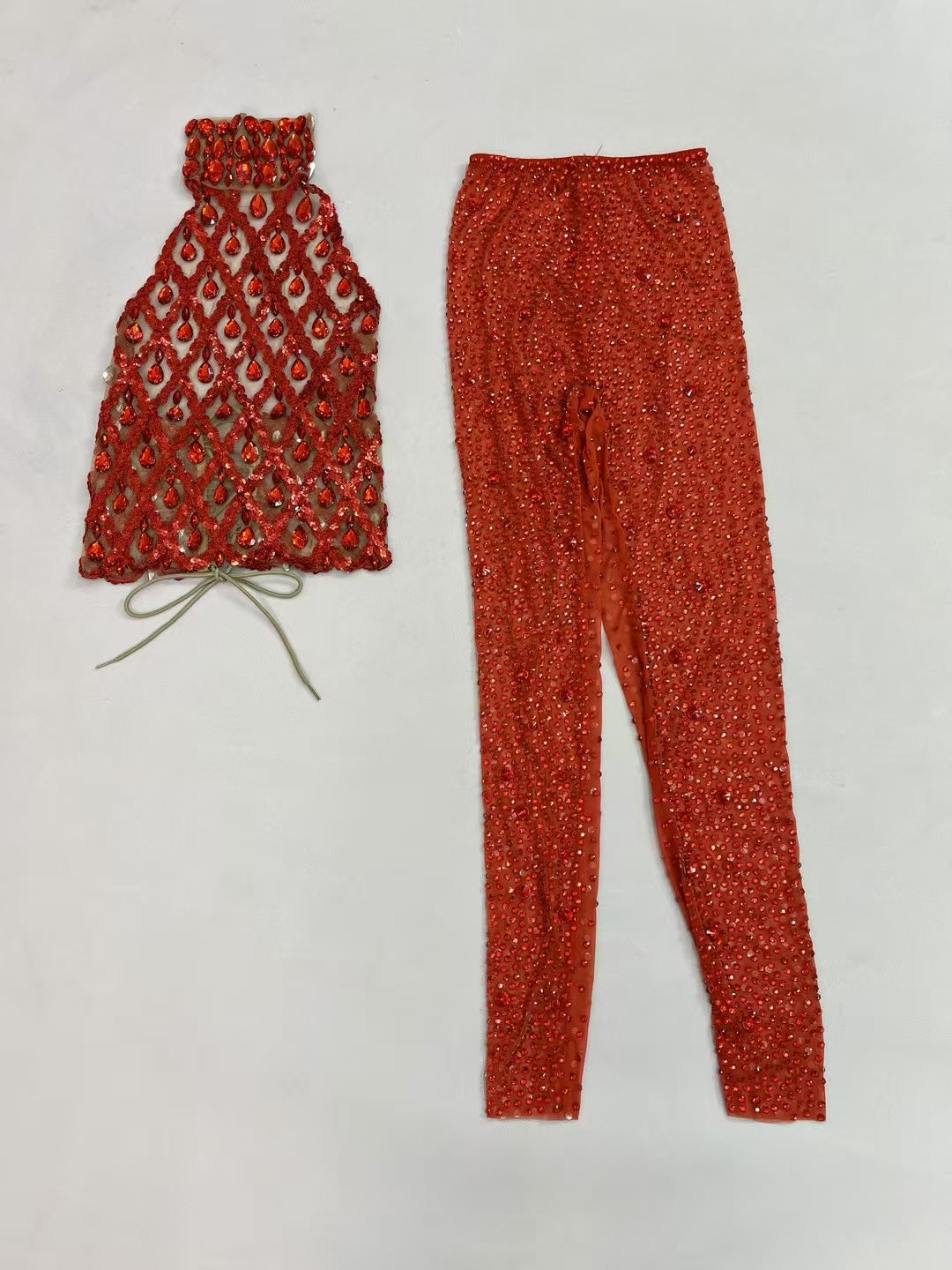 CELESINYI Shaokaoji Crystal Gem Crop Pants Set (Red)