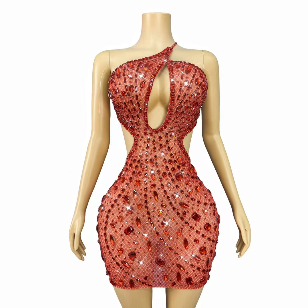 CELESINYI Juanlian Crystal Red Stone One Shoulder Mini Dress