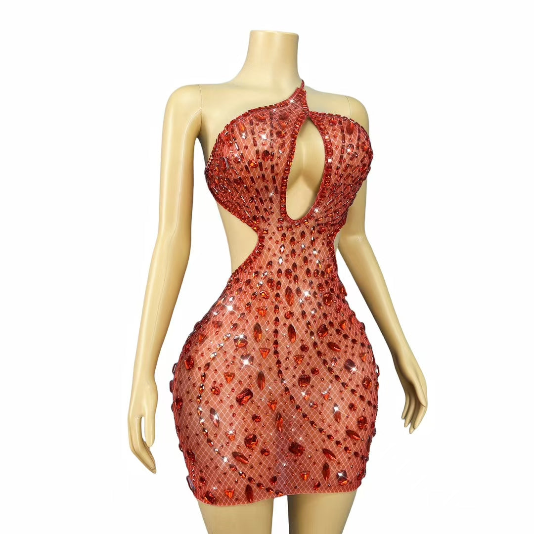 CELESINYI Juanlian Crystal Red Stone One Shoulder Mini Dress
