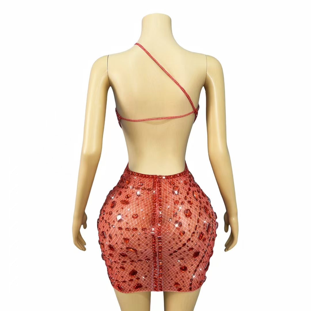CELESINYI Juanlian Crystal Red Stone One Shoulder Mini Dress