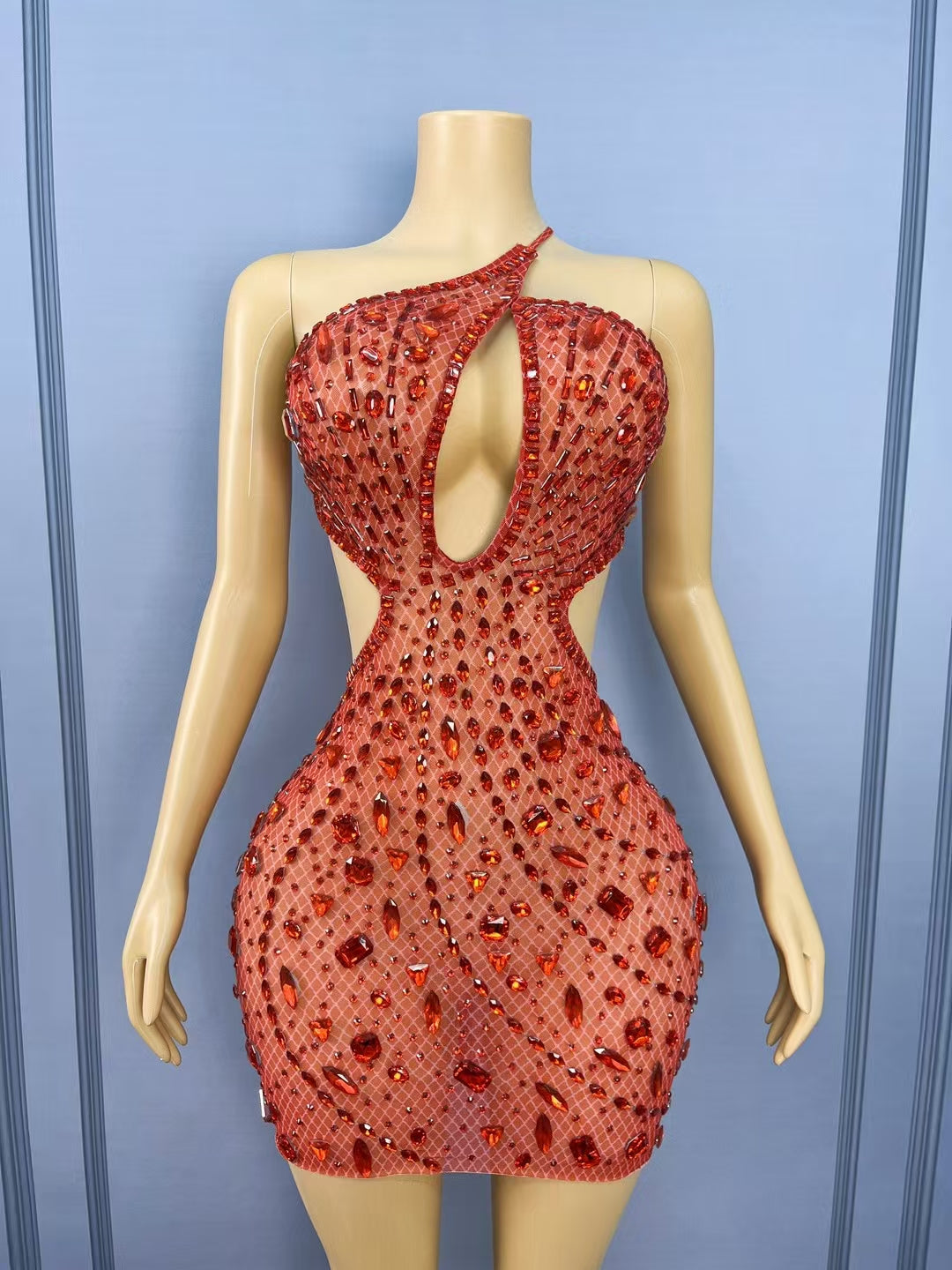 CELESINYI Juanlian Crystal Red Stone One Shoulder Mini Dress