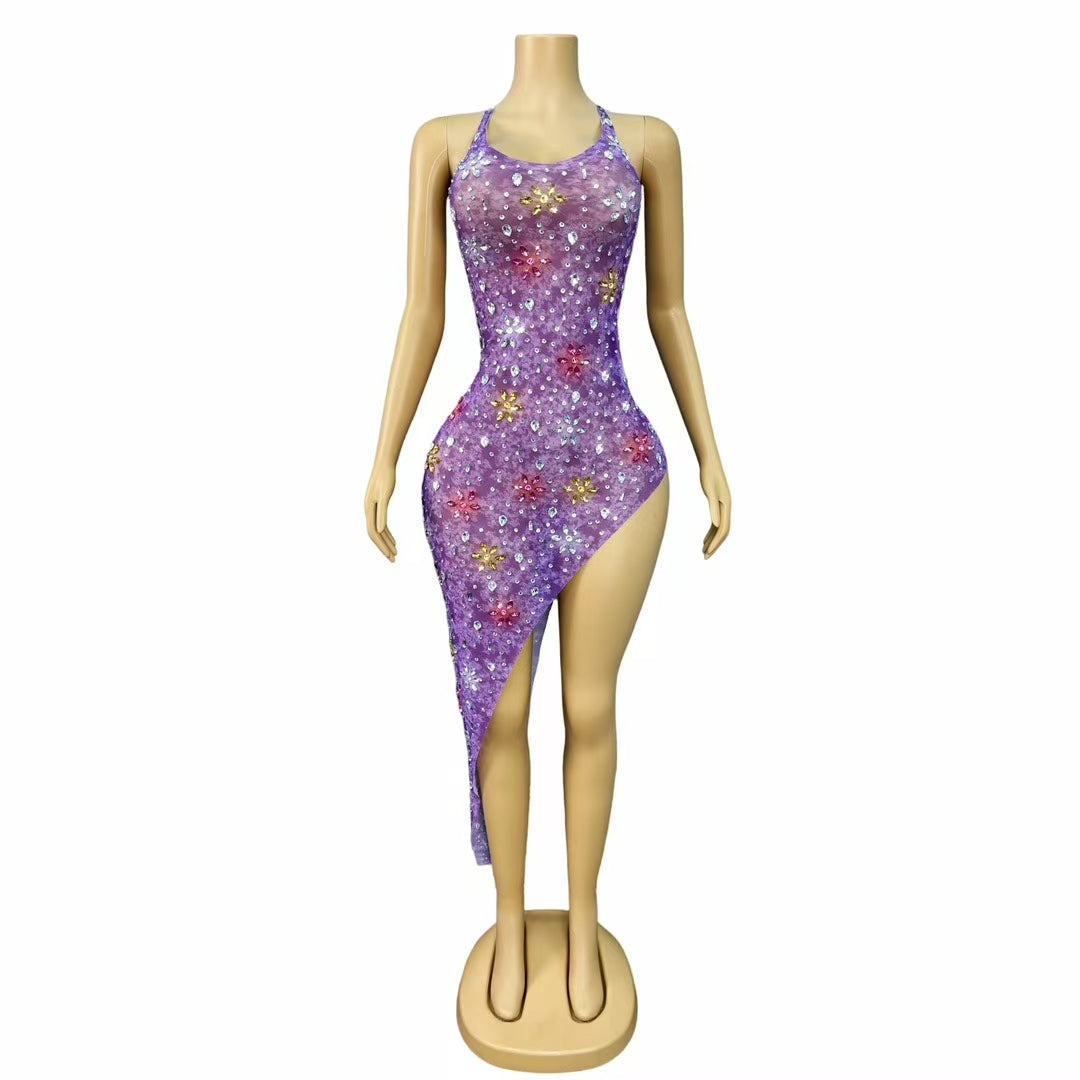 CELESINYI Shuijing Crystal Purple Asymmetric Jumpsuit
