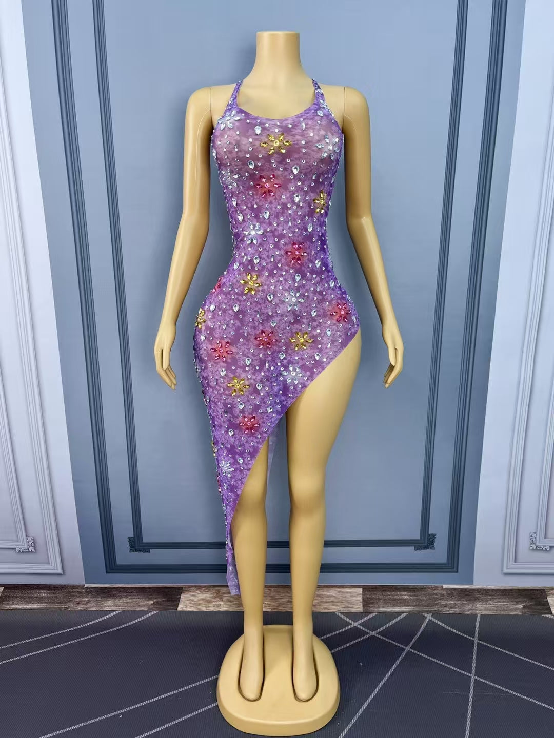 CELESINYI Shuijing Crystal Purple Asymmetric Jumpsuit