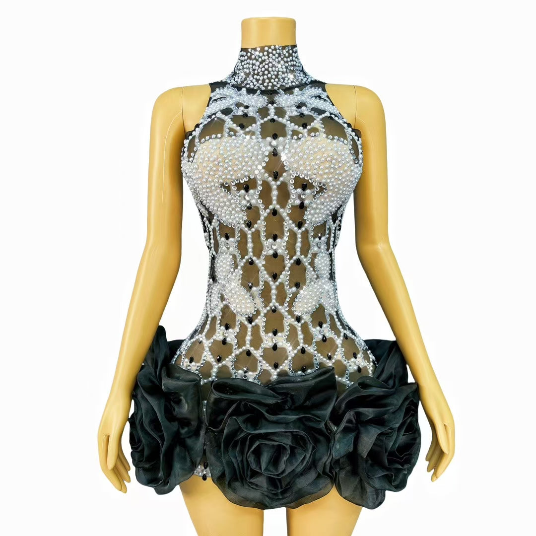 CELESINYI Suizuanhua Crystal Black Swirl Mini Dress