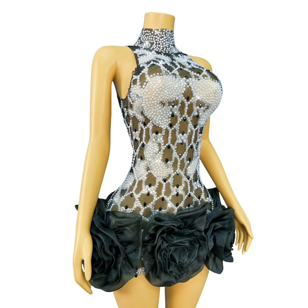 CELESINYI Suizuanhua Crystal Black Swirl Mini Dress