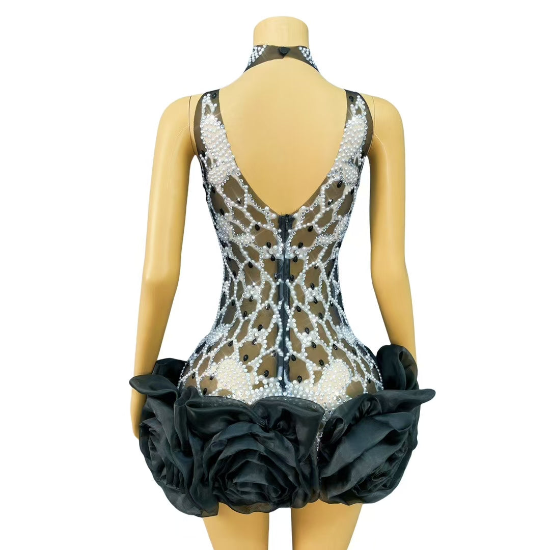 CELESINYI Suizuanhua Crystal Black Swirl Mini Dress