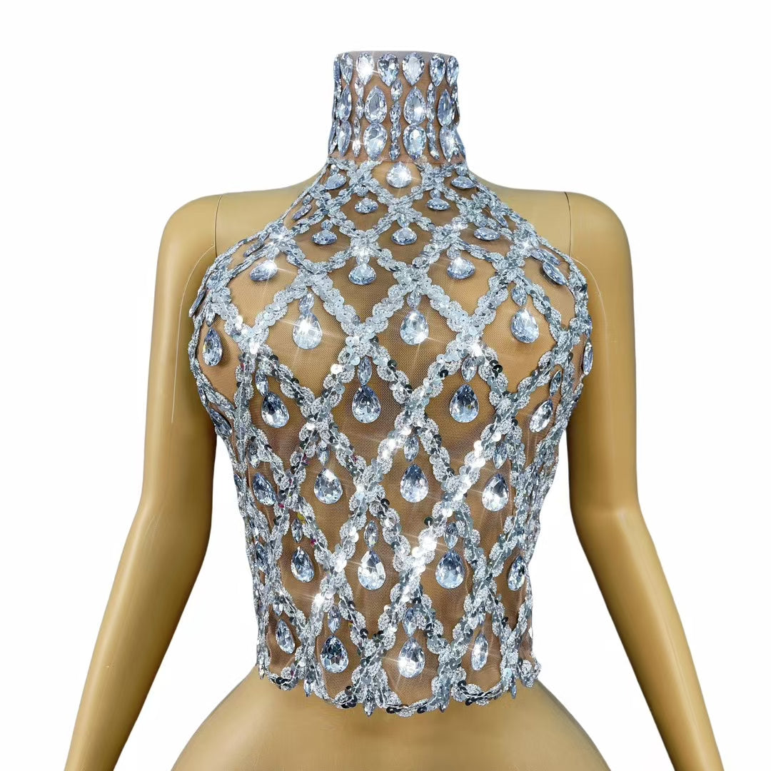 CELESINYI Shaokaoji Crystal Grid Crop Top (Silver)