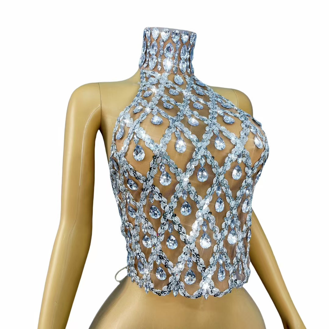CELESINYI Shaokaoji Crystal Grid Crop Top (Silver)