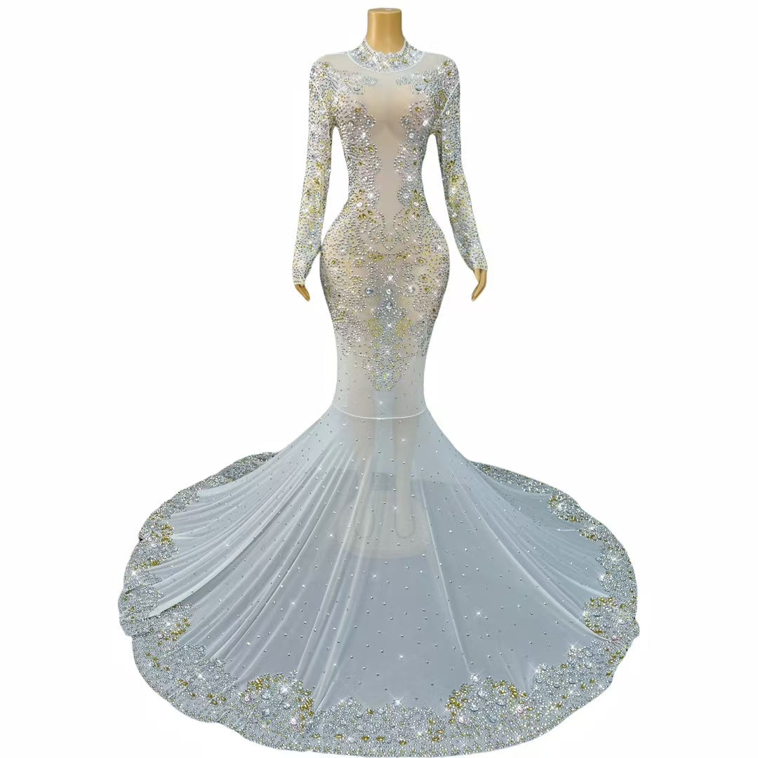 CELESINYI Jinzi Crystal White Mermaid Gown