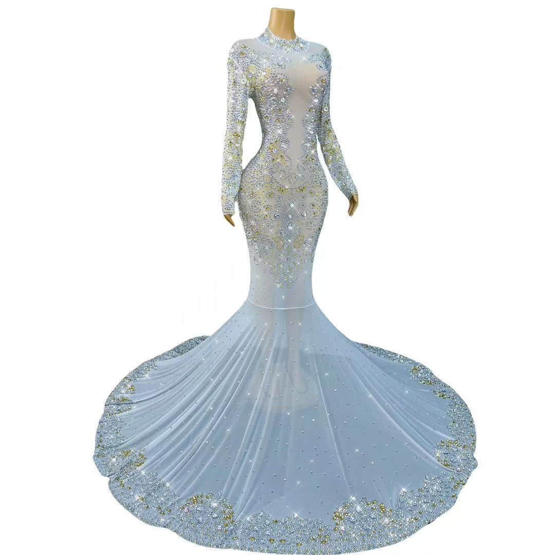 CELESINYI Jinzi Crystal White Mermaid Gown