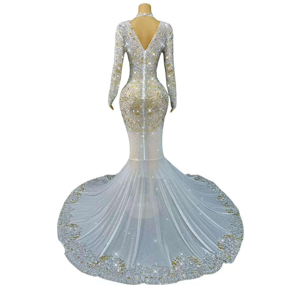 CELESINYI Jinzi Crystal White Mermaid Gown