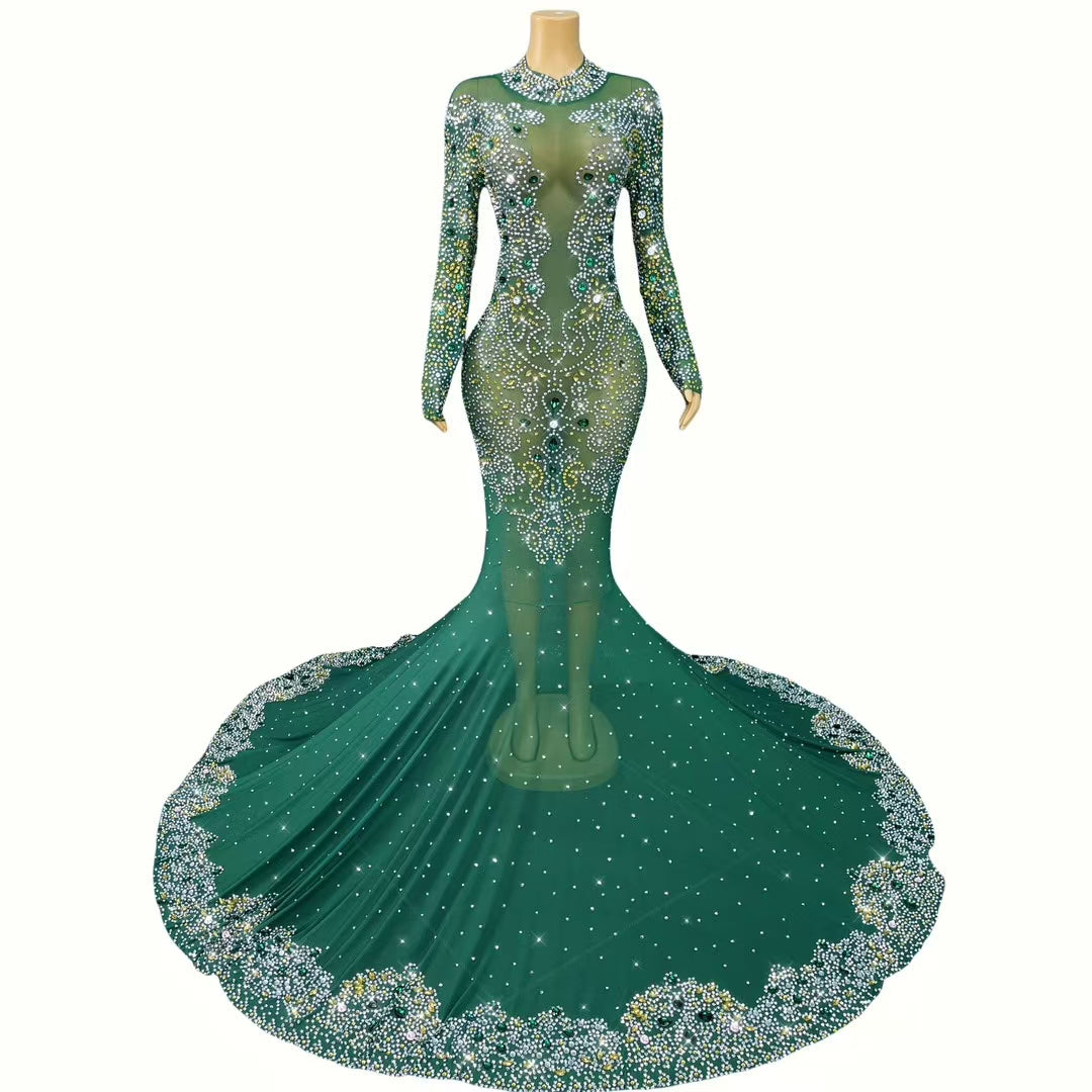 CELESINYI Jinzi Crystal Green Mermaid Gown