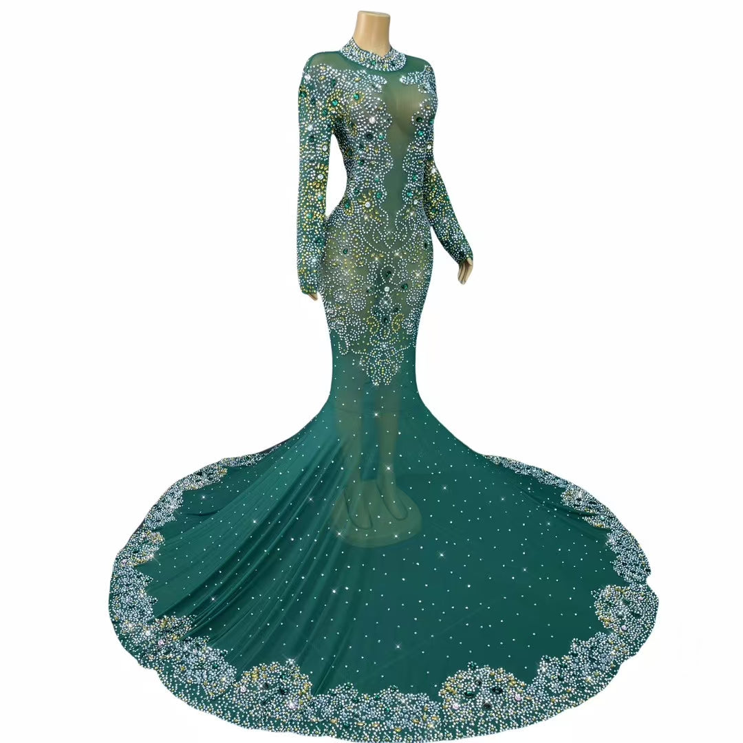 CELESINYI Jinzi Crystal Green Mermaid Gown