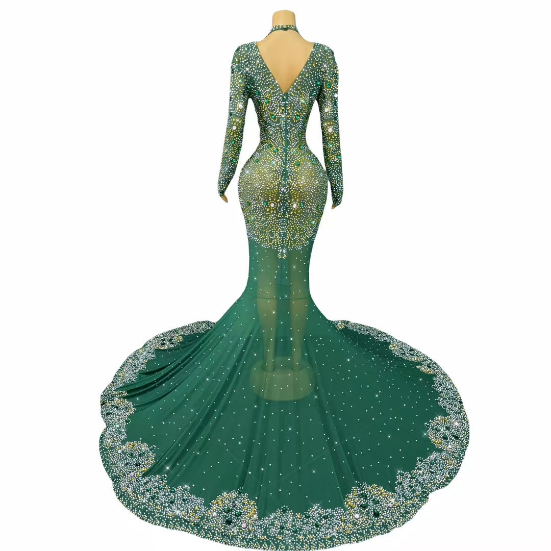 CELESINYI Jinzi Crystal Green Mermaid Gown