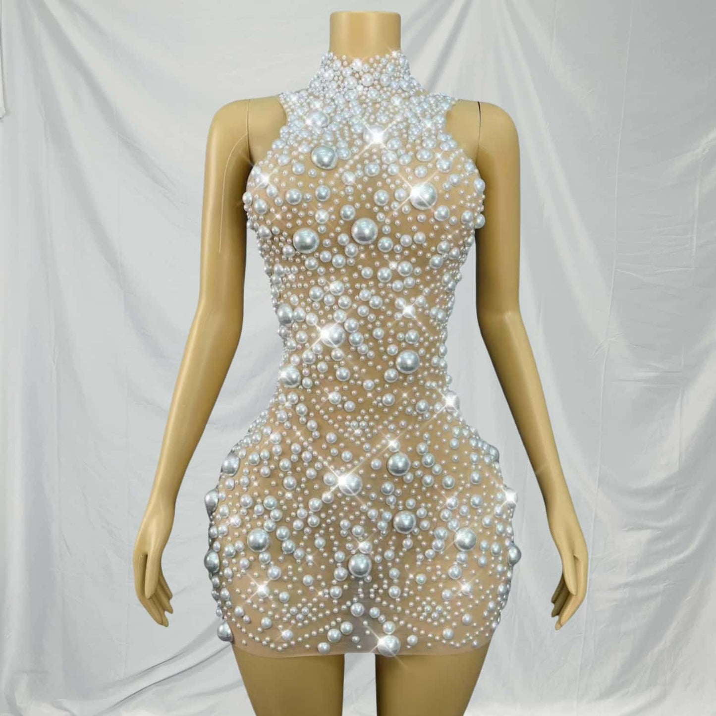 CELESINYI Dazhuduanqun Crystal Pearl Mini Dress