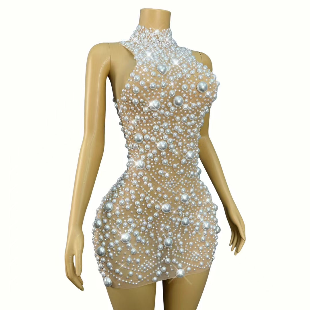 CELESINYI Dazhuduanqun Crystal Pearl Mini Dress
