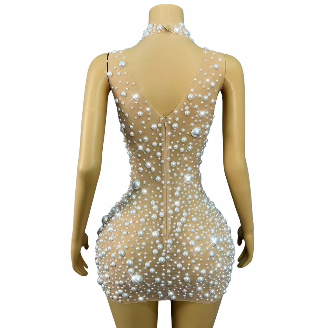 CELESINYI Dazhuduanqun Crystal Pearl Mini Dress