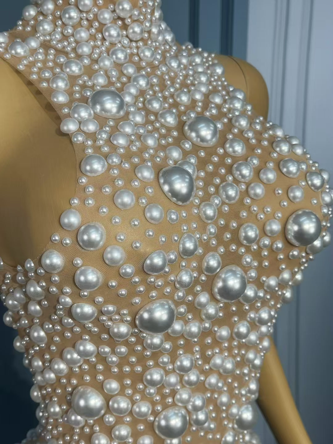 CELESINYI Dazhuduanqun Crystal Pearl Mini Dress