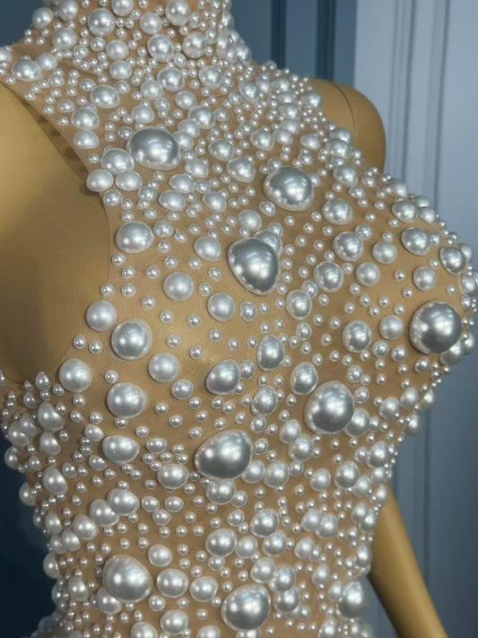 CELESINYI Dazhuduanqun Crystal Pearl Mini Dress