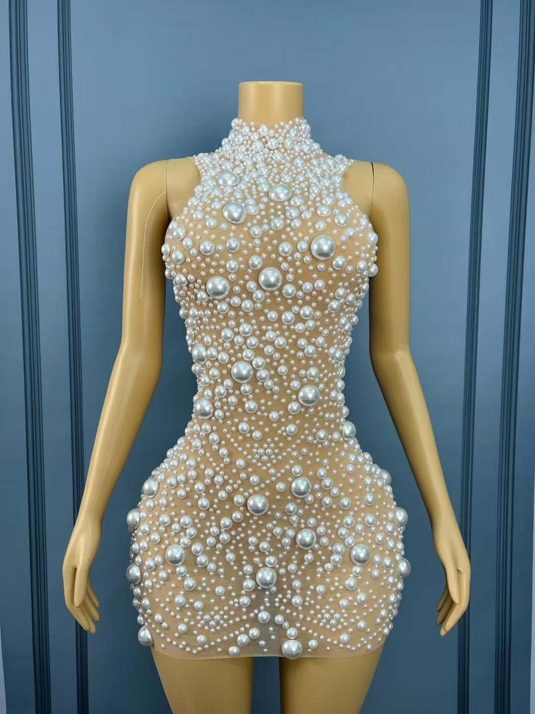 CELESINYI Dazhuduanqun Crystal Pearl Mini Dress