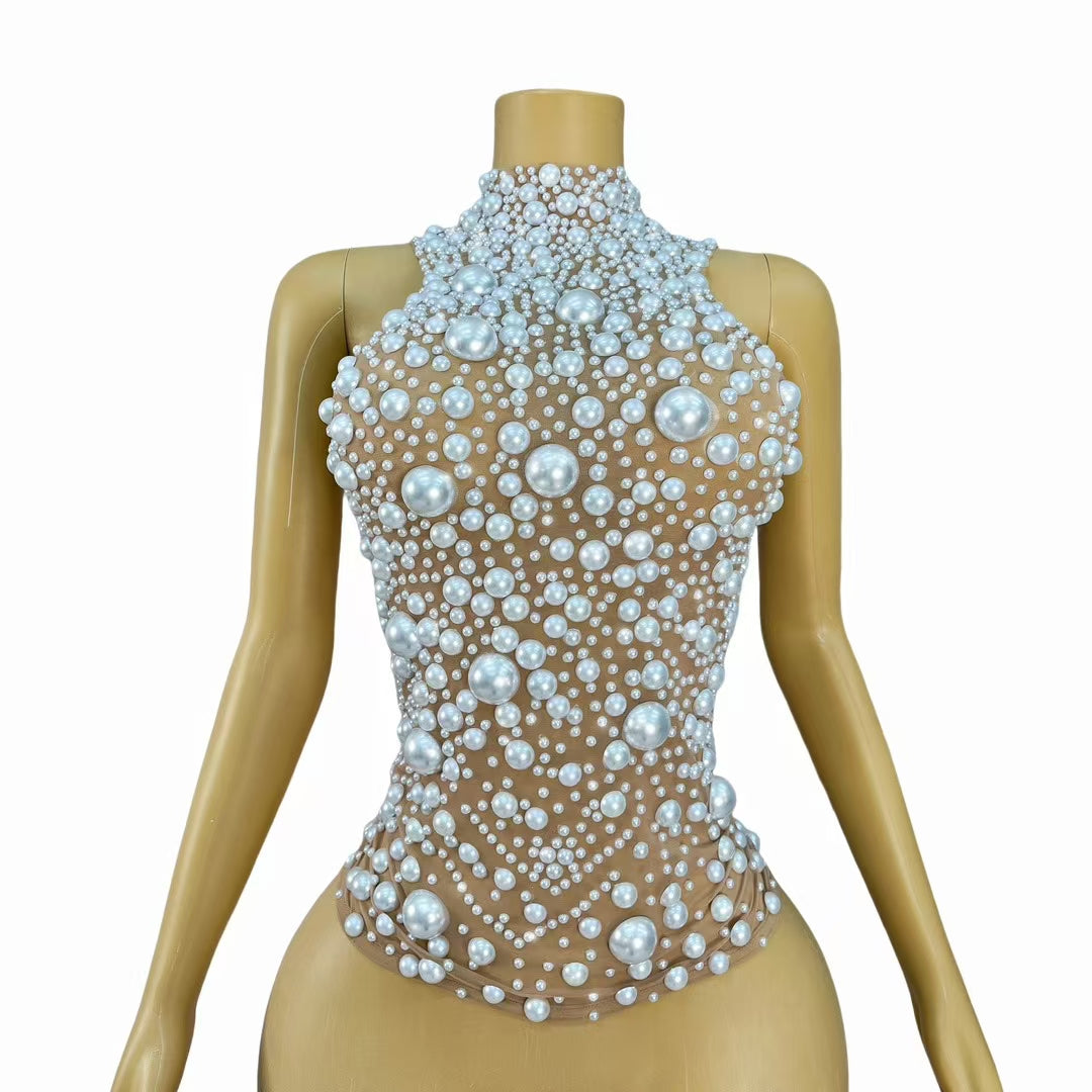 CELESINYI Dazhu Crystal Pearl Bodysuit