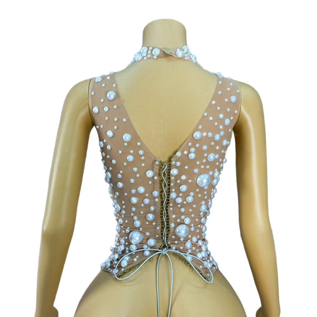CELESINYI Dazhu Crystal Pearl Bodysuit