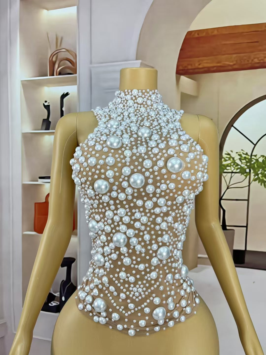 CELESINYI Dazhu Crystal Pearl Bodysuit