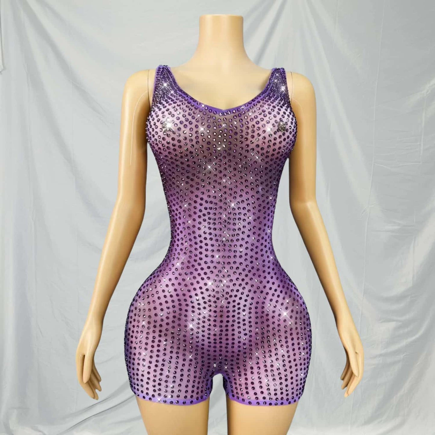 CELESINYI Guoguo Crystal Purple Mesh Mini Dress