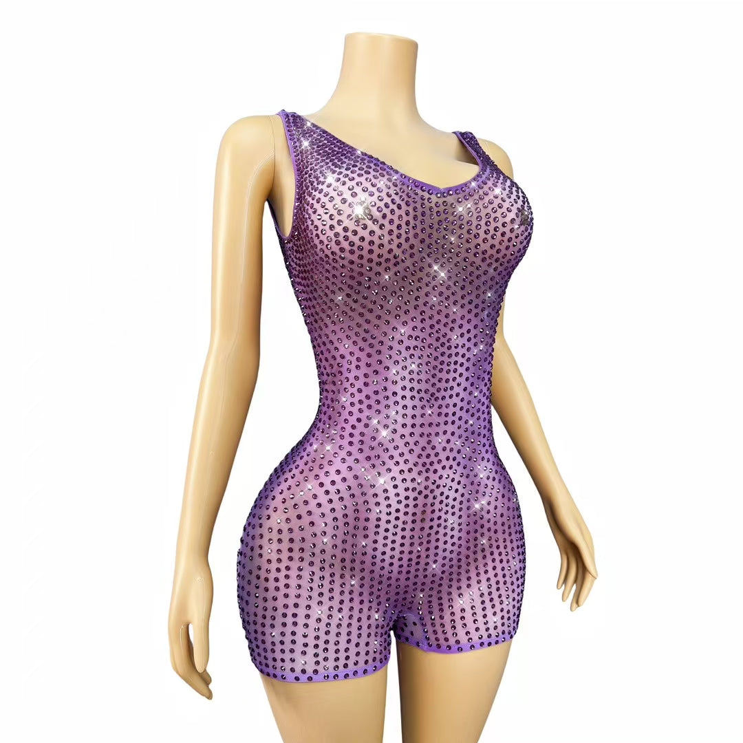 CELESINYI Guoguo Crystal Purple Mesh Mini Dress