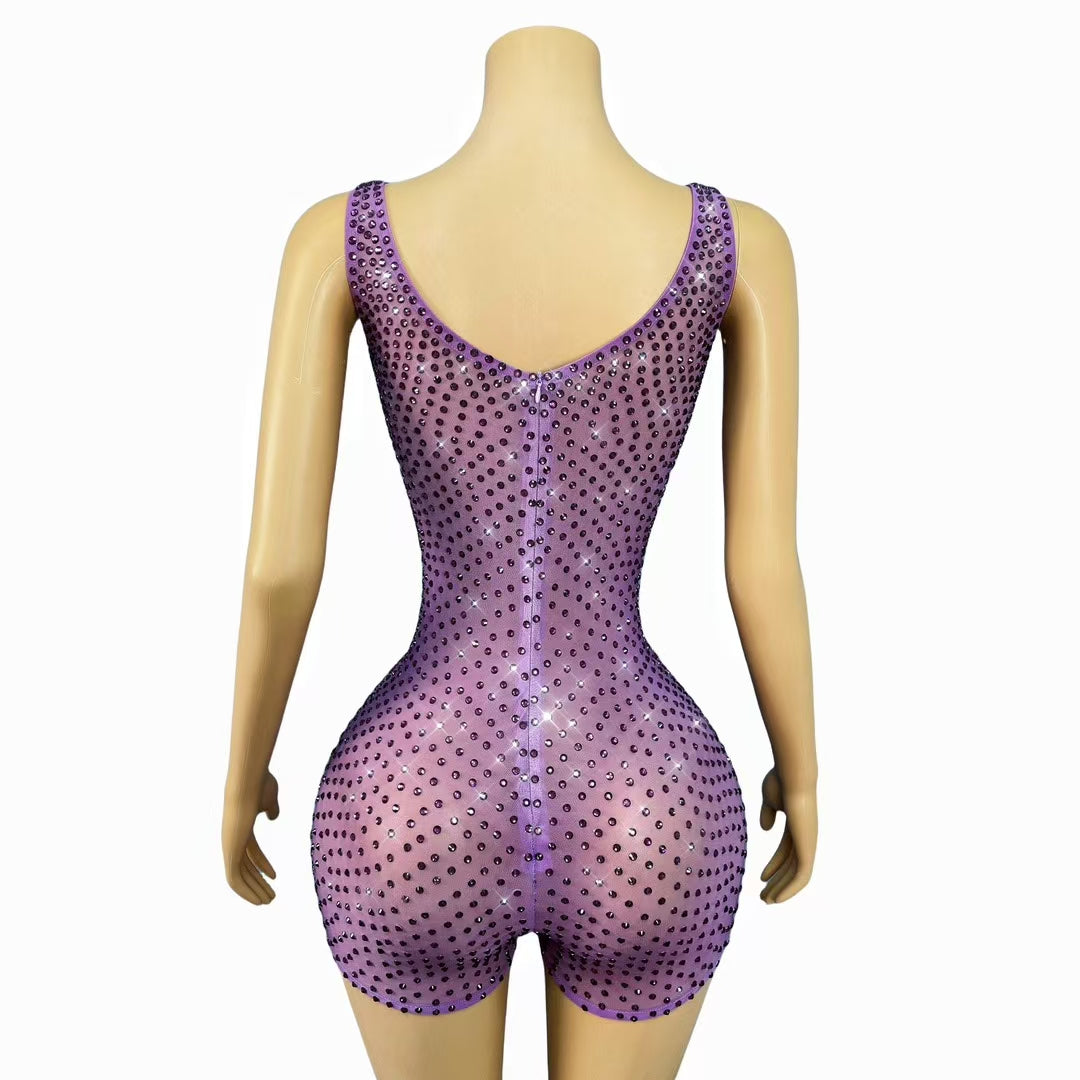 CELESINYI Guoguo Crystal Purple Mesh Mini Dress