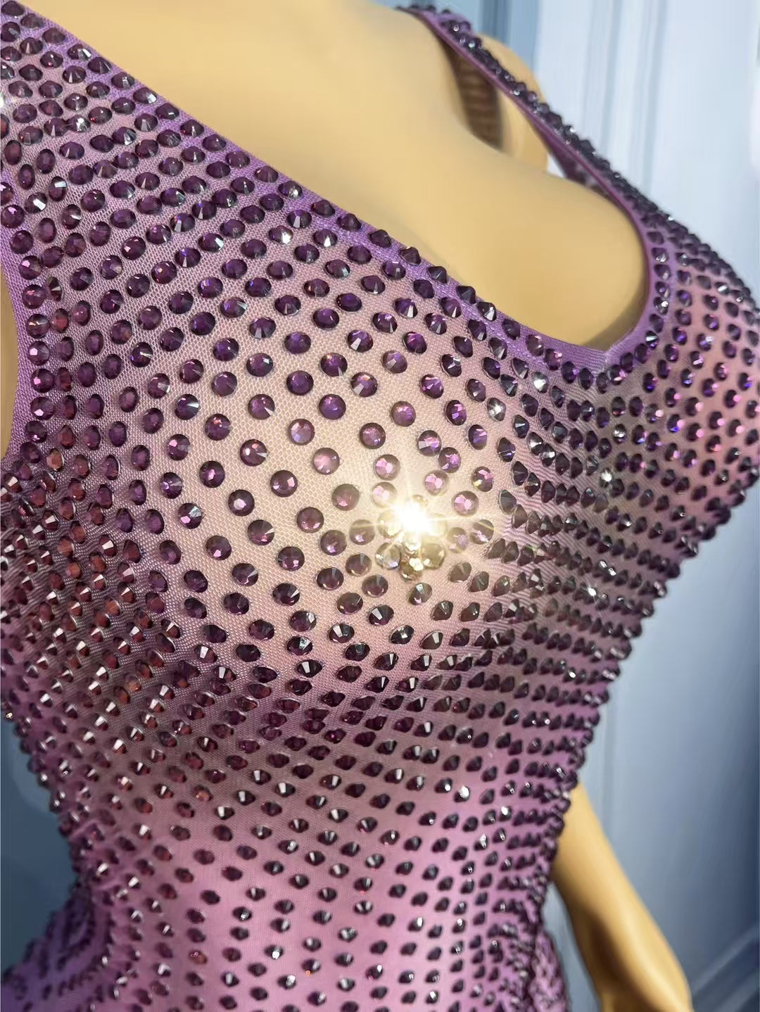 CELESINYI Guoguo Crystal Purple Mesh Mini Dress