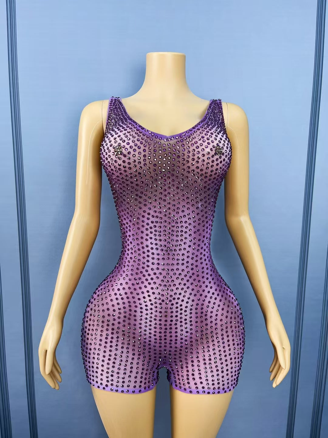 CELESINYI Guoguo Crystal Purple Mesh Mini Dress
