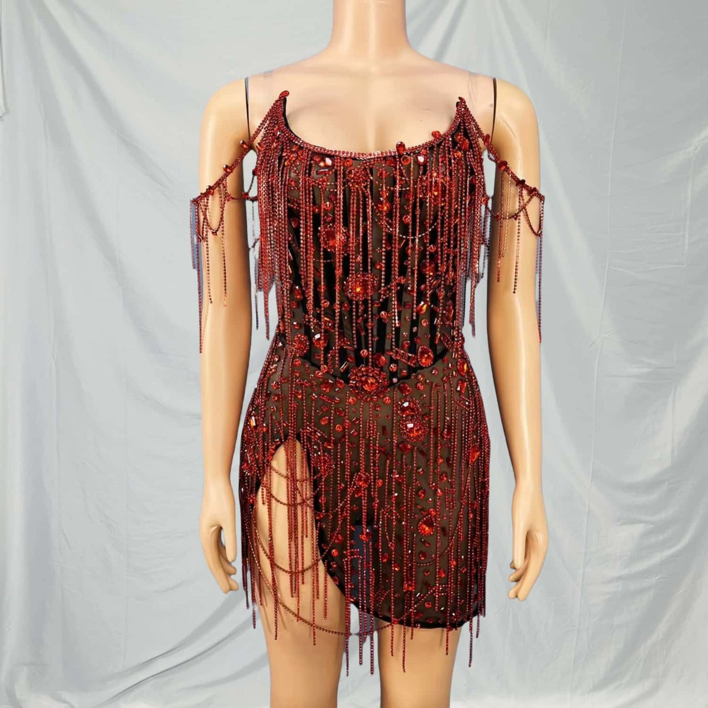CELESINYI Heihong Crystal Ruby Mini Dress