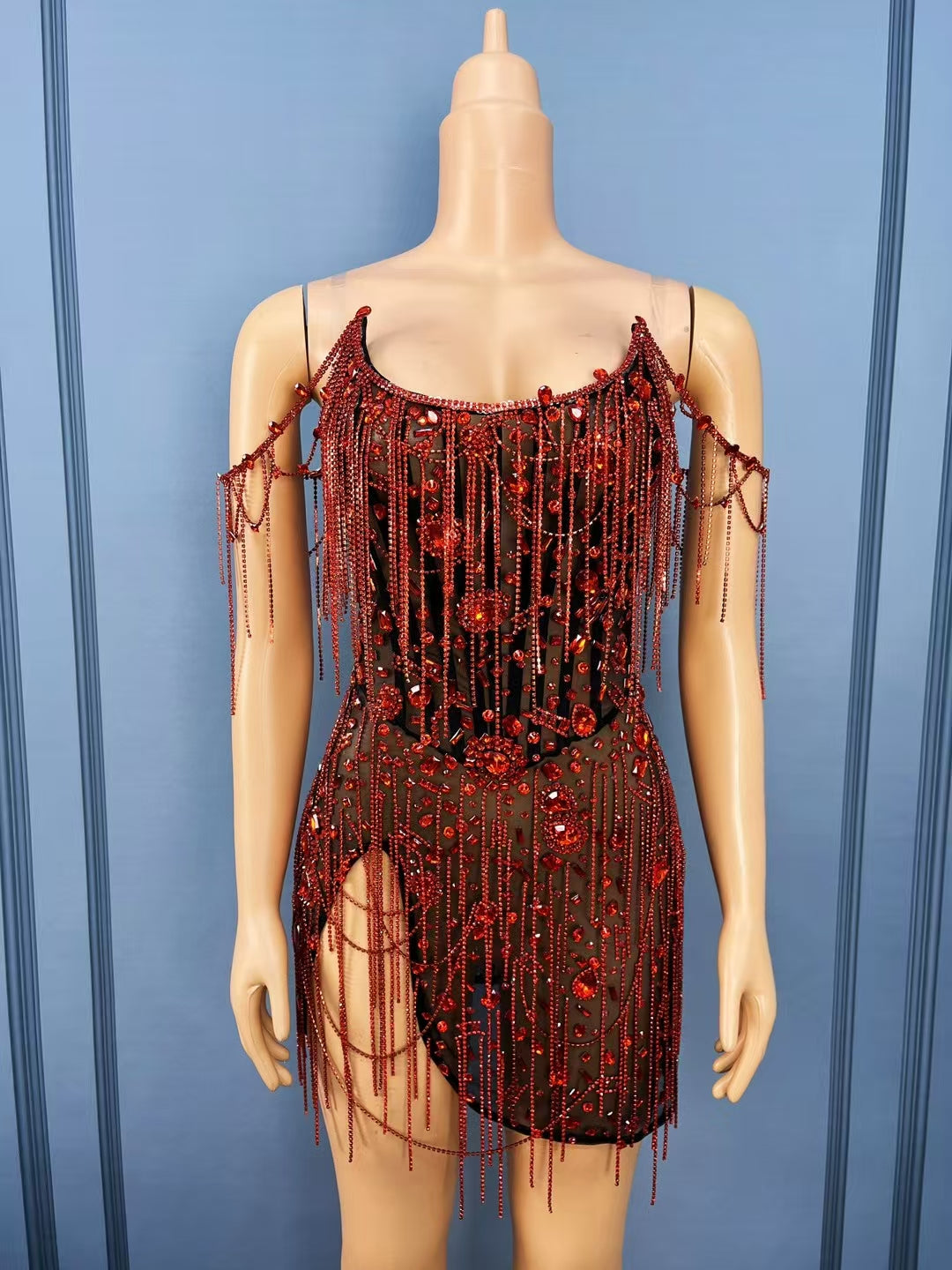 CELESINYI Heihong Crystal Ruby Mini Dress