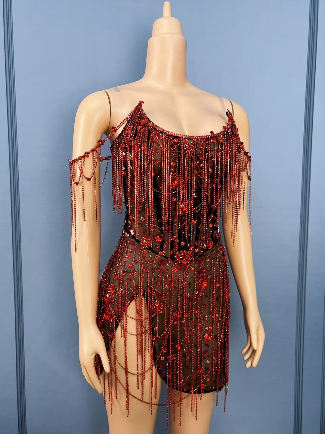 CELESINYI Heihong Crystal Ruby Mini Dress