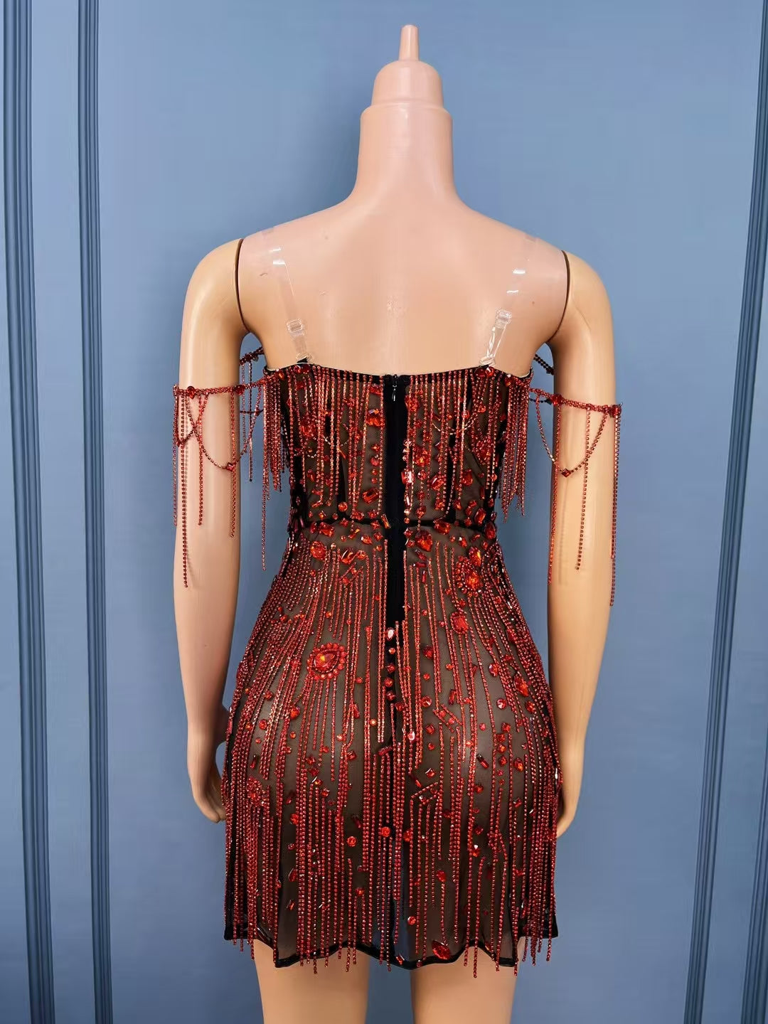 CELESINYI Heihong Crystal Ruby Mini Dress