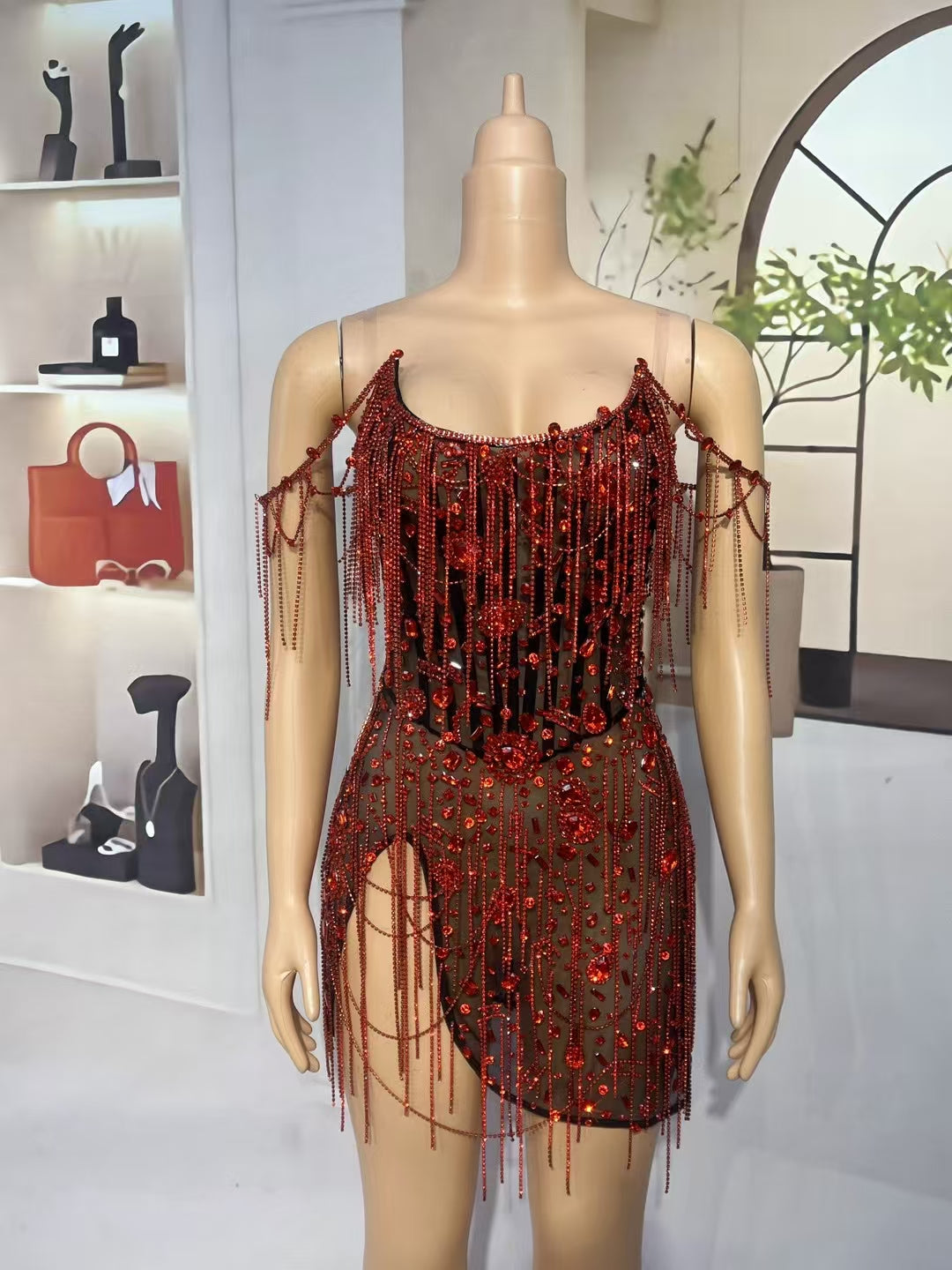 CELESINYI Heihong Crystal Ruby Mini Dress