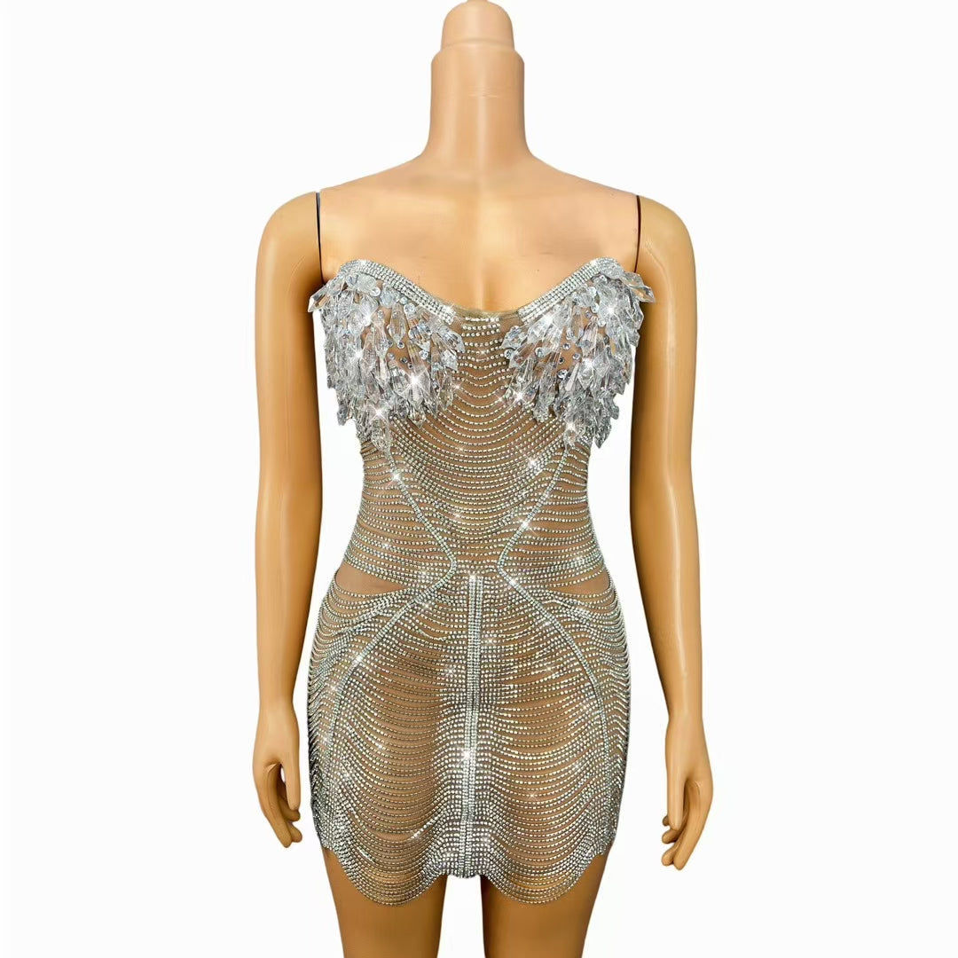 CELESINYI Ailisi Crystal Silver Icicle Mini Dress