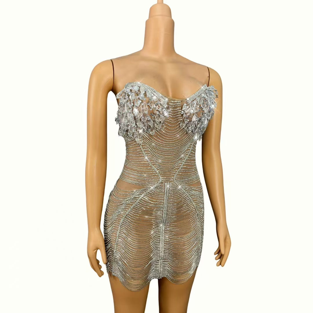 CELESINYI Ailisi Crystal Silver Icicle Mini Dress