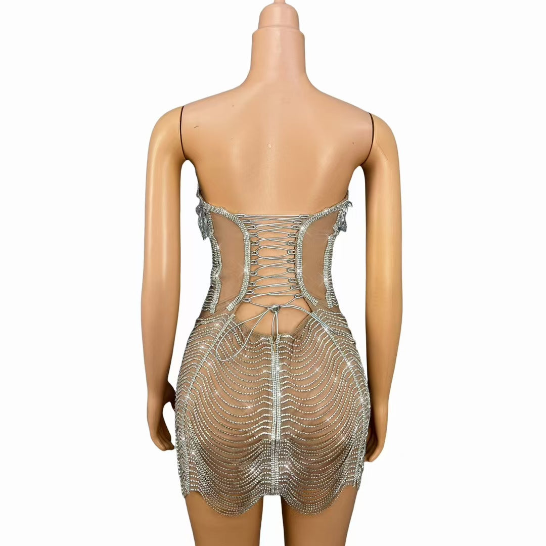 CELESINYI Ailisi Crystal Silver Icicle Mini Dress