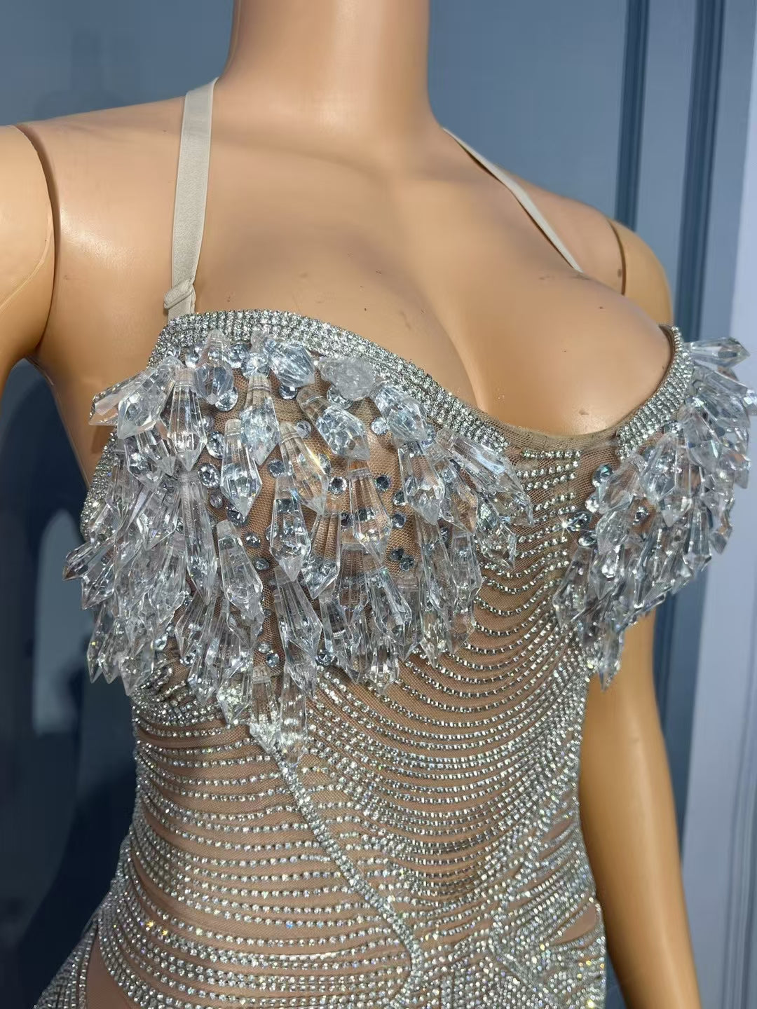 CELESINYI Ailisi Crystal Silver Icicle Mini Dress