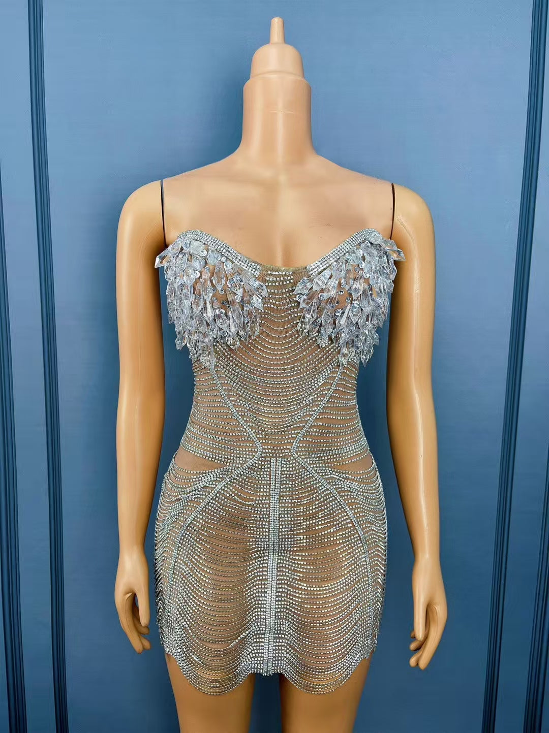 CELESINYI Ailisi Crystal Silver Icicle Mini Dress