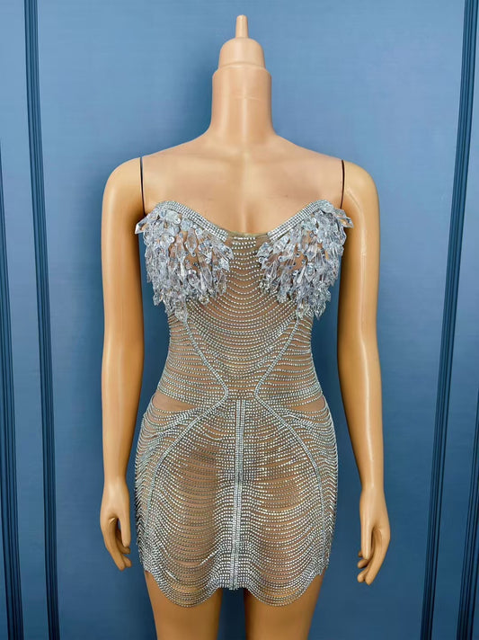 CELESINYI Ailisi Crystal Silver Icicle Mini Dress