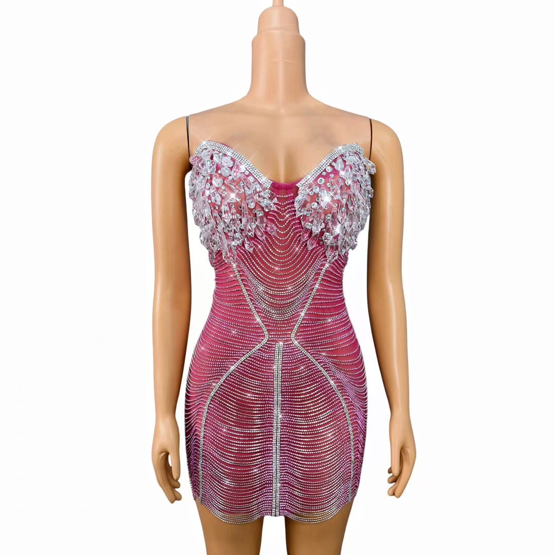 CELESINYI Ailisi Crystal Pink Icicle Mini Dress