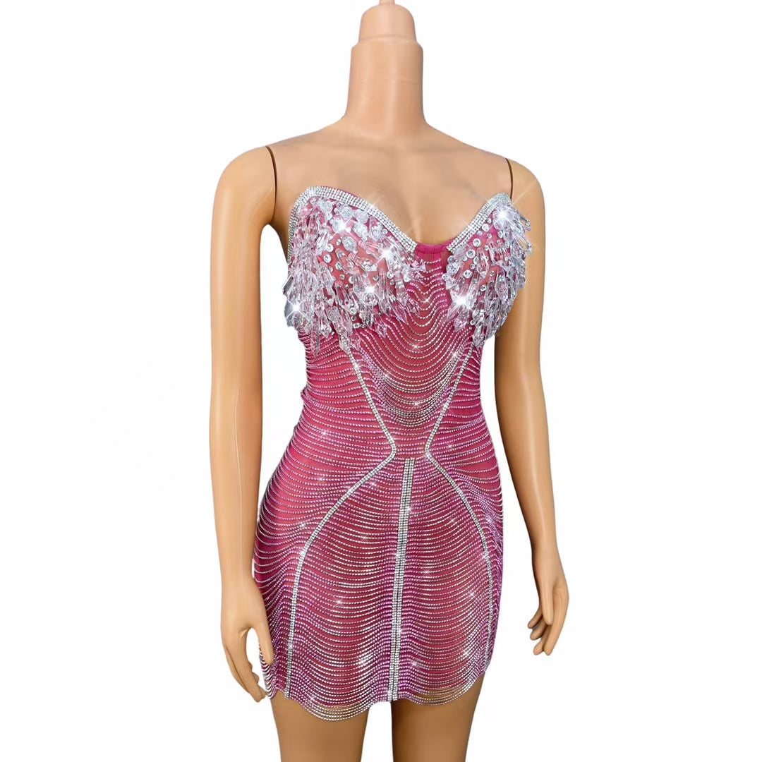 CELESINYI Ailisi Crystal Pink Icicle Mini Dress