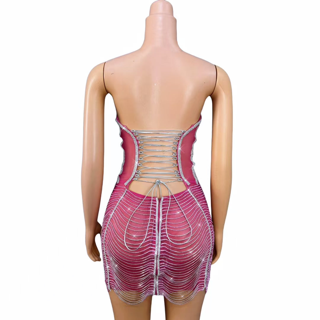 CELESINYI Ailisi Crystal Pink Icicle Mini Dress