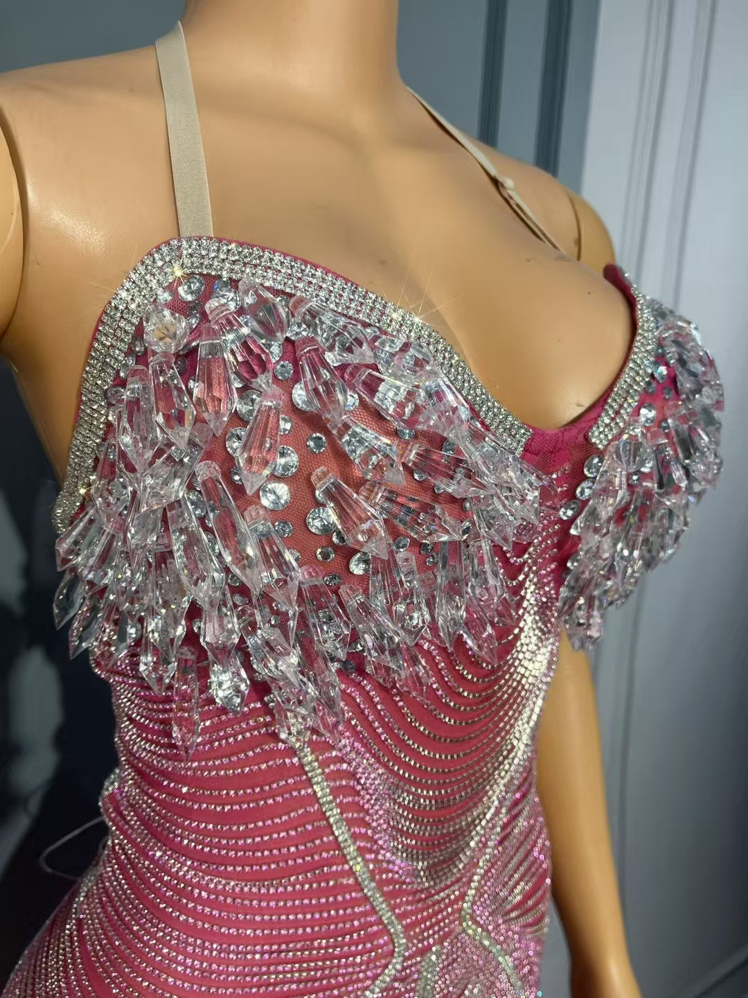 CELESINYI Ailisi Crystal Pink Icicle Mini Dress