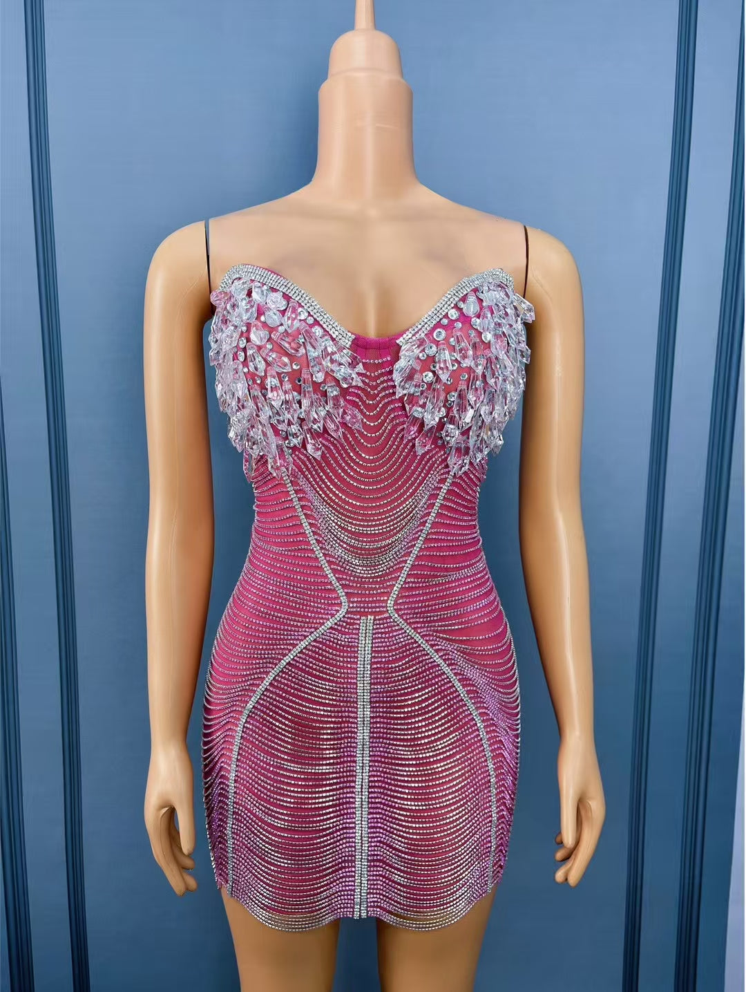 CELESINYI Ailisi Crystal Pink Icicle Mini Dress