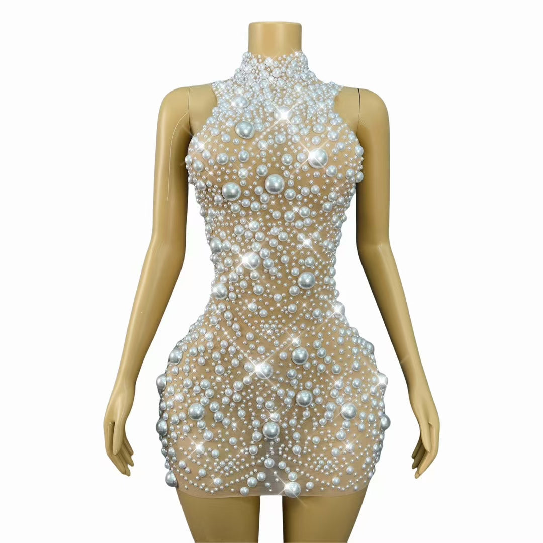 CELESINYI Dazhuduanqun Crystal Pearl Mini Dress